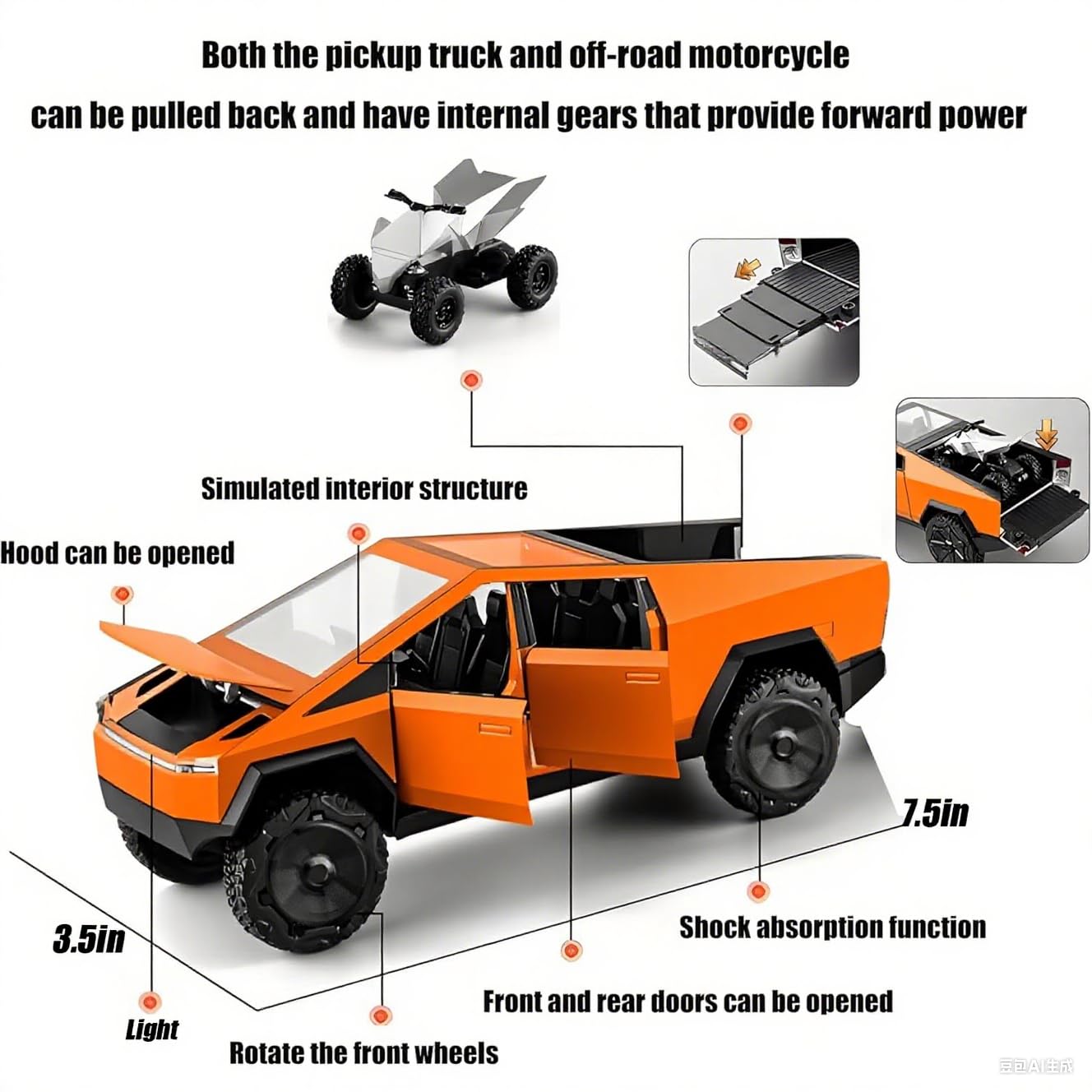 Powvan Truck Toy Zinc Alloy Model with RV Motorcycle EV Vehicle 1/32 Orange Car for Boys Girls Age for 3+