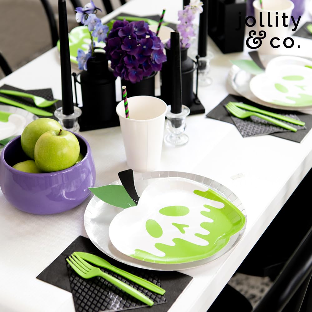 Jollity & Co Poison Apple Halloween Dessert Plates - Bright Green Paper Plates with White Foil - Pack of 8 Party Plates - Birthday Plates for Fall