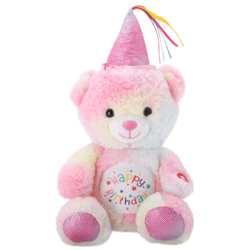 Linzy 8.5” Light Up Bear Stuffed Animal with Party Hat & Cupcake, Soft Musical Plush Toy with Magic LED Lights, Glowing Cute Plushie Teddy Bear