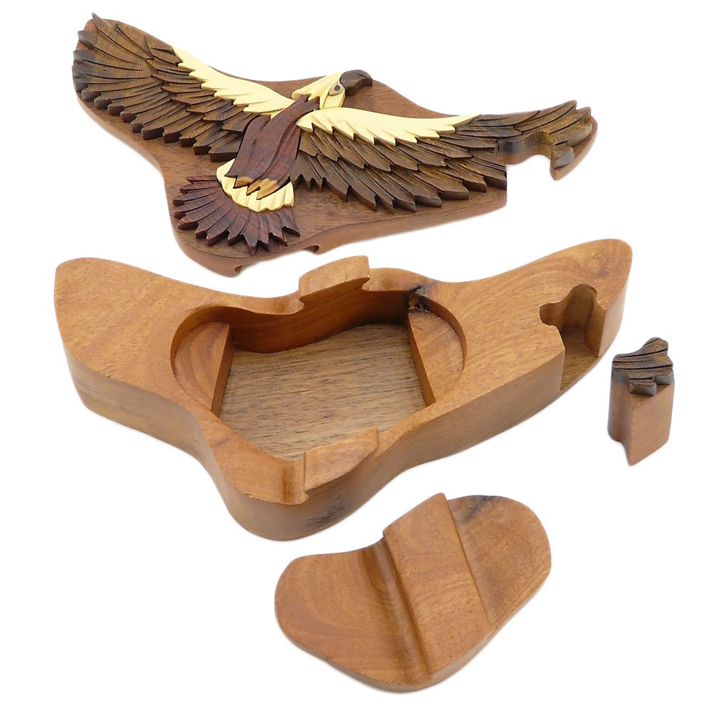 Hawk Intarsia Wooden Puzzle Box - Handcrafted Natural Wood Keepsake with Secret Compartment - Unique Gift