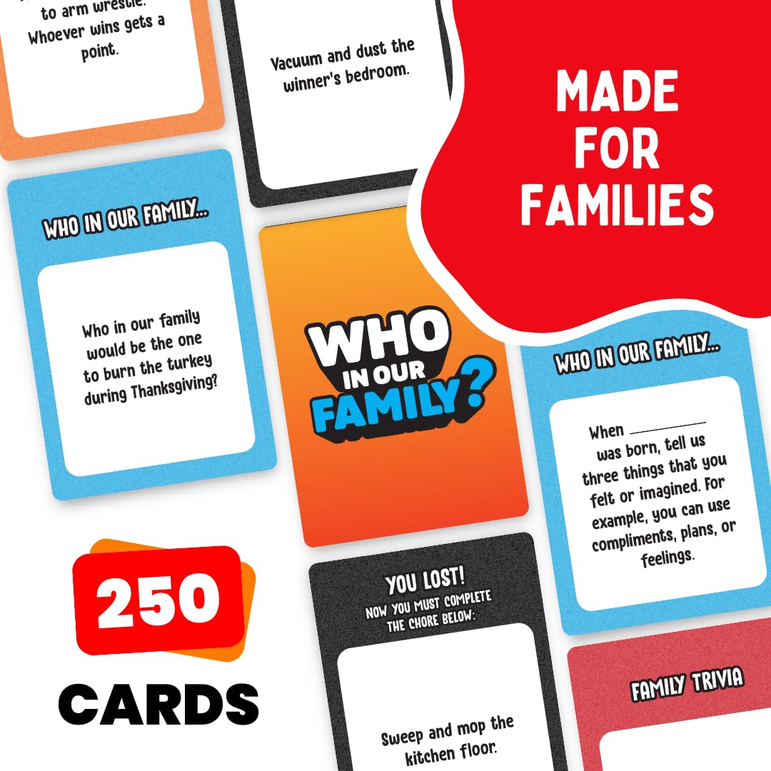 Viral Studios Who in Our Family? - Hilarious Family Party Game | Trivia, “Most Likely to” & Head-to-Head Challenges | Fun Family Game Night Card Game