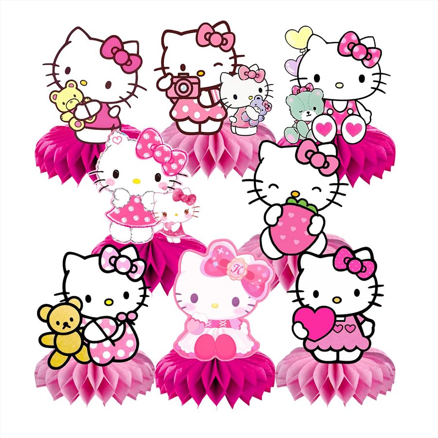 8Pcs Kitty Honeycomb Table Centerpiece, Kitty Birthday Party Supplies Table Decorations for Kids Party Decorations