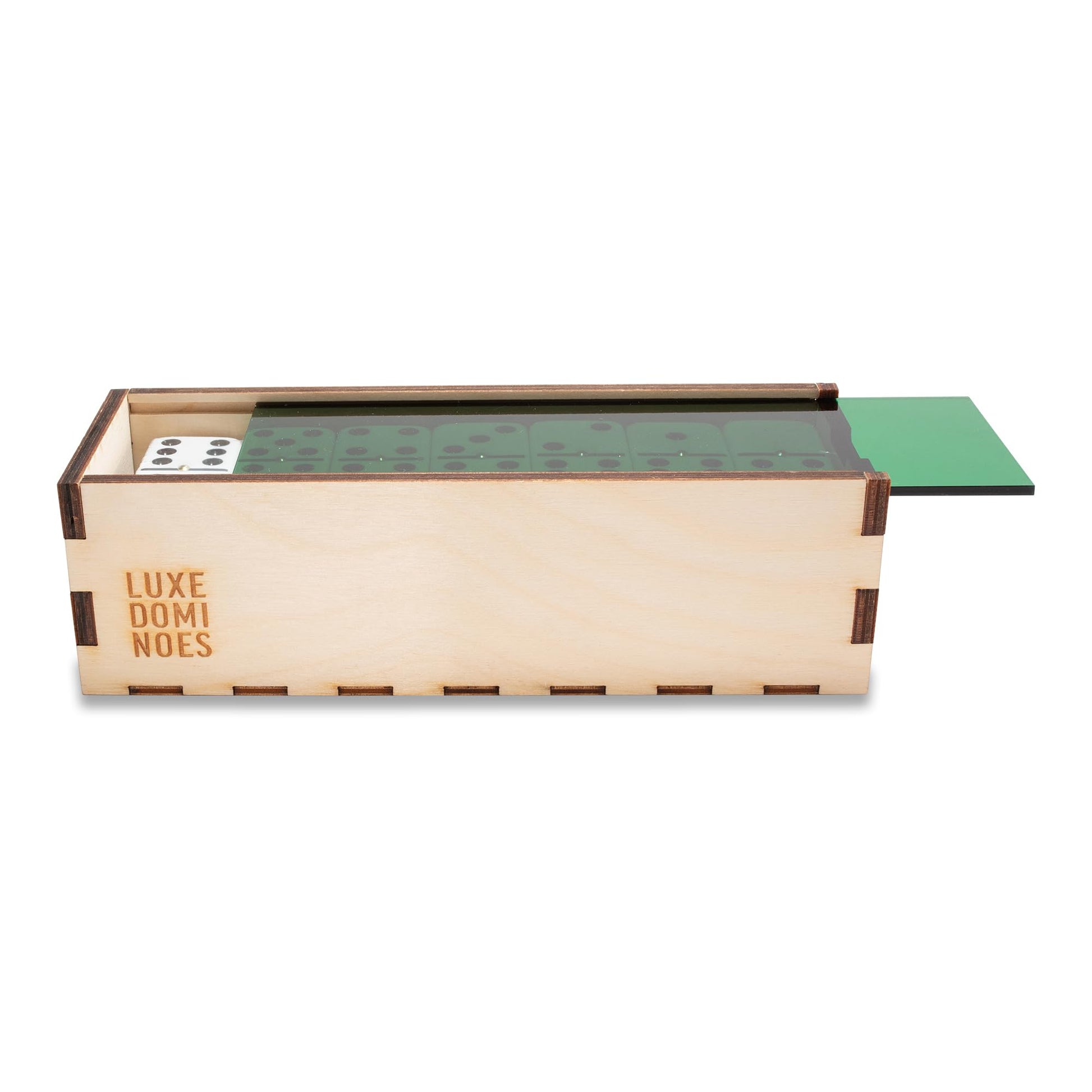 Deluxe Modern Domino Set Double Six, with Jumbo Sized Tournament Dominoes Black and White Two Toned with Spinner (Rivets) in Wood Box with Acrylic Top