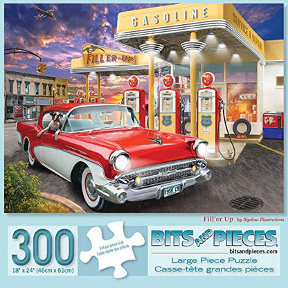 Bits and Pieces - 300 Piece Jigsaw Puzzle for Adults - Fill'er Up - Old Fashioned Gas Station Car Jigsaw Puzzle by Artist Bigelow Illustrations