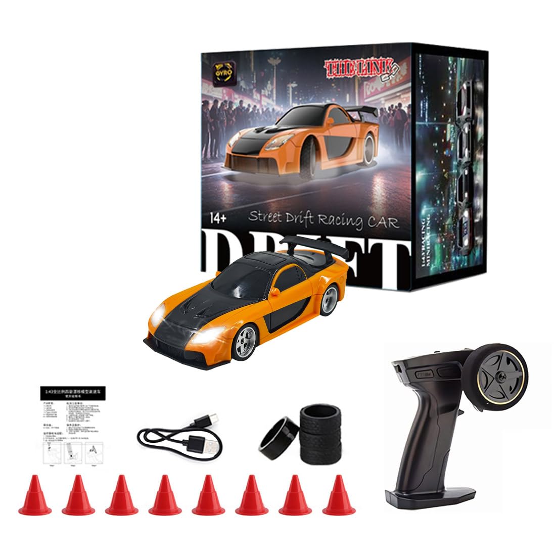 MindXplore 1/43 Scale RC Mini Drift Car, 2.4GHz Full Proportional 4WD Remote Control Racing Cars Model with Lights, Li-po Battery 15KM/H and 30