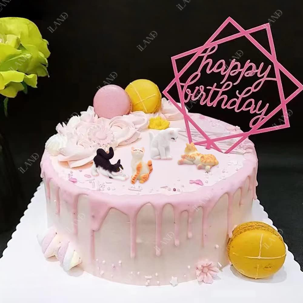 iland Mini Cat Figurines, 1/12 Scale Miniature Dollhouse Accessories, 4PCS Realistic Tiny Pet Figures with Dollhouse Decor Basket & Rug, Cute Cake