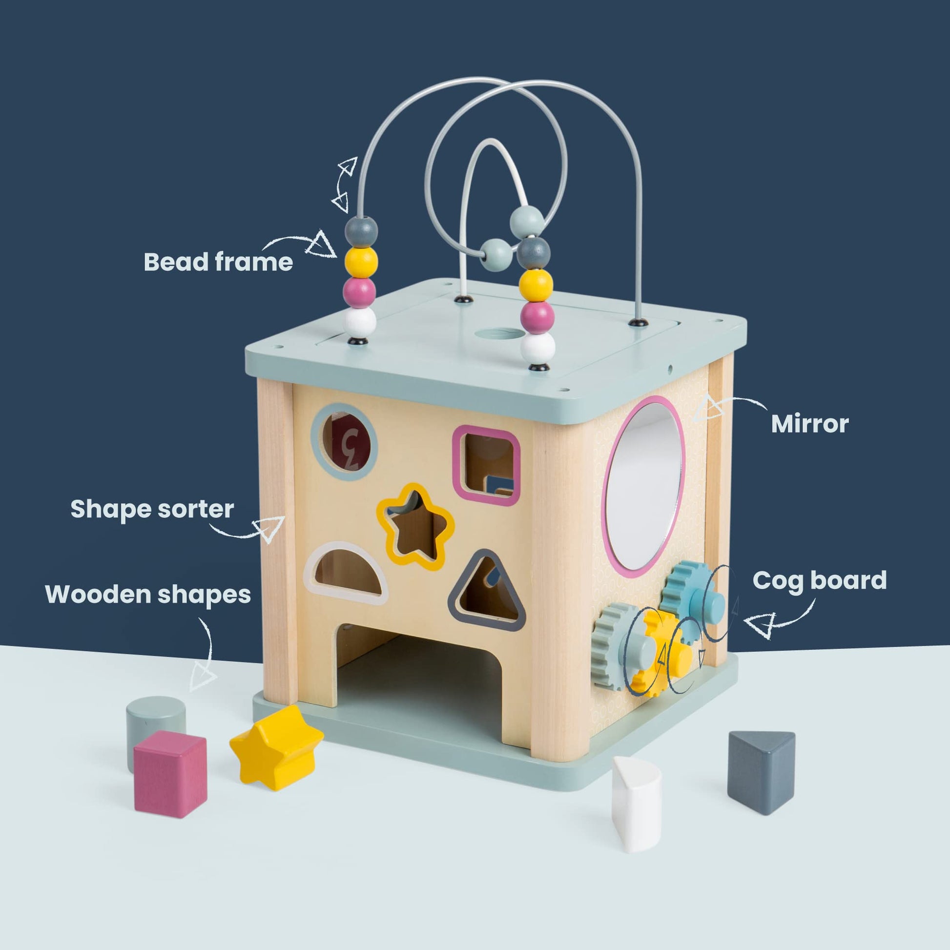 Bigjigs Toys Wooden Activity Cube - 100% FSC® Certified Busy Centre with Shape Sorter & Bead Maze, Sustainable Sensory Toys for 1 Year Old, 22cm W x
