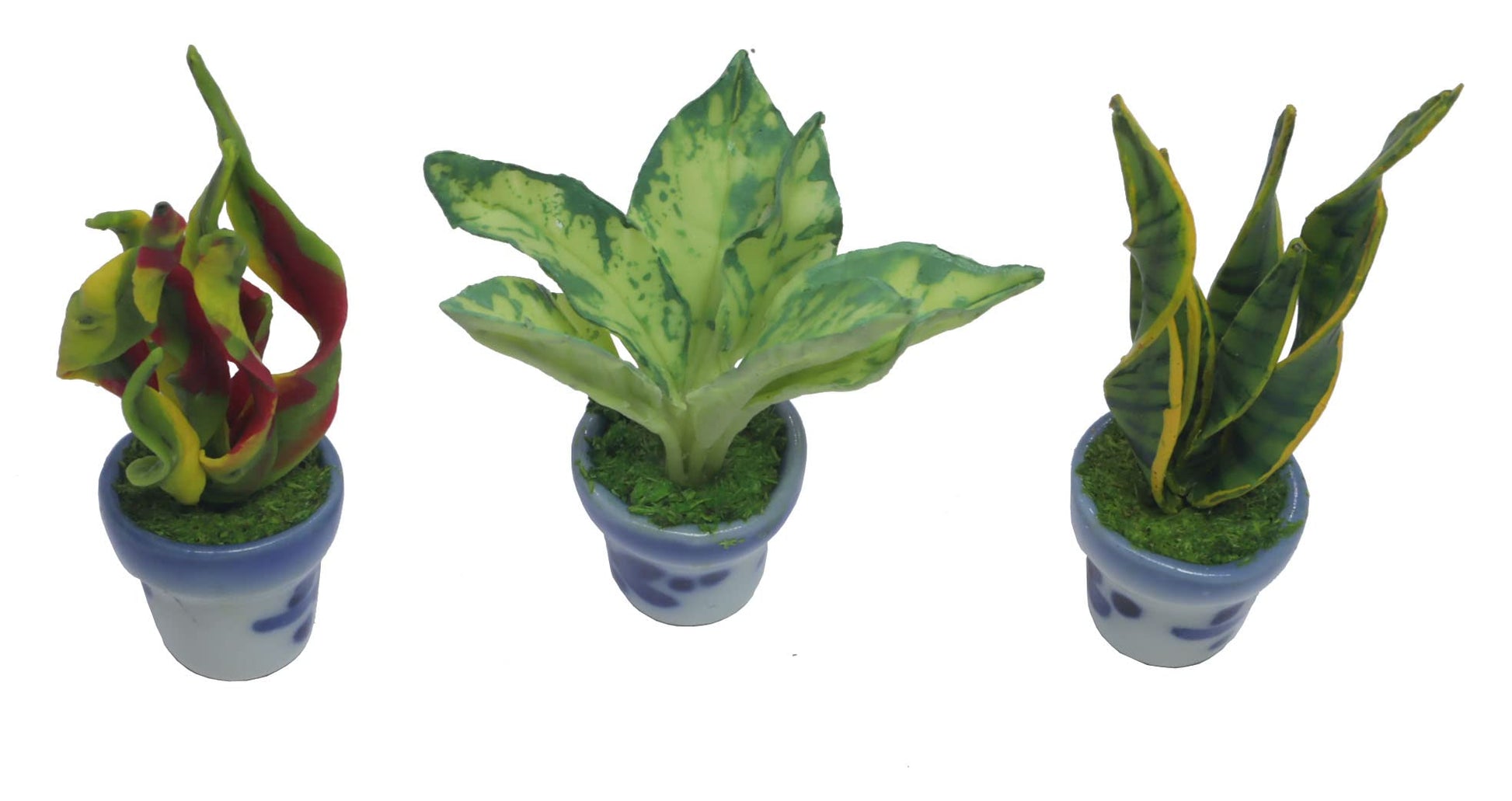 3 Pieces 1:12 Dollhouse Miniature Artificial Flower Plants in Ceramic Pot, Codiaeum Variegatum,Aglaonema,Sansevieria Dollhouse Accessories