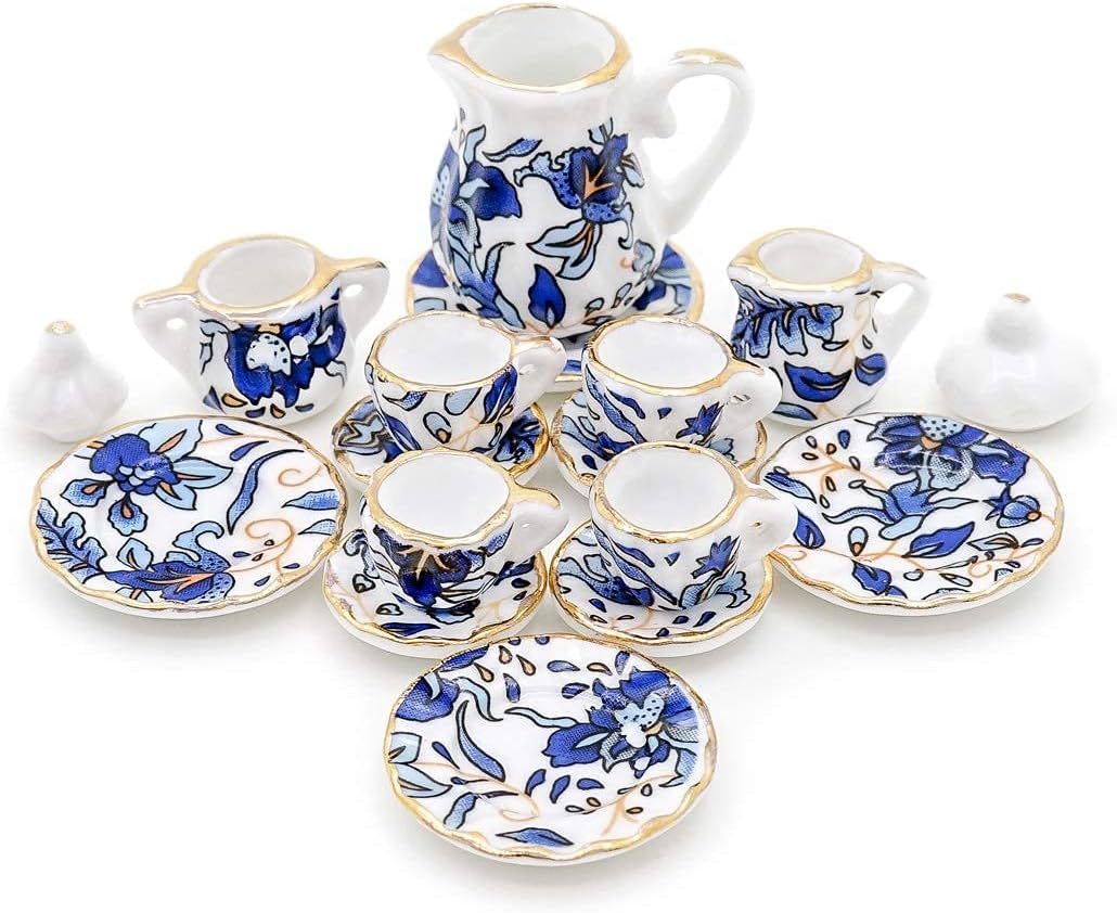 15 Pcs Blue 1:12 Miniature Porcelain Chintz Tea Cup Set Dollhouse Accessories
