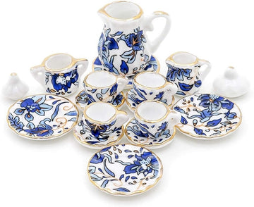15 Pcs Blue 1:12 Miniature Porcelain Chintz Tea Cup Set Dollhouse Accessories