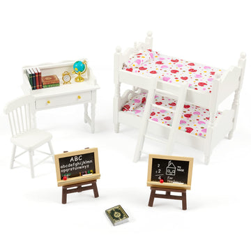 SAMCAMI Miniature Dollhouse Furniture 1 12 Scale - Wooden Dollhouse Bed Set - Doll House Furniture Toys Incl Doll Bed, Desk, Books, blackboards