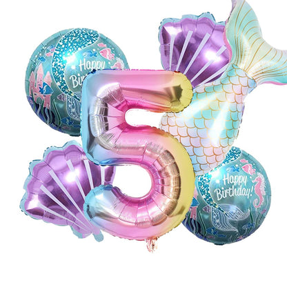 Mermaid Birthday Decoration Mermaid Balloons Kit Sea Balloon Tail Foil Balloon for Girls Party Decoration (Number 5)
