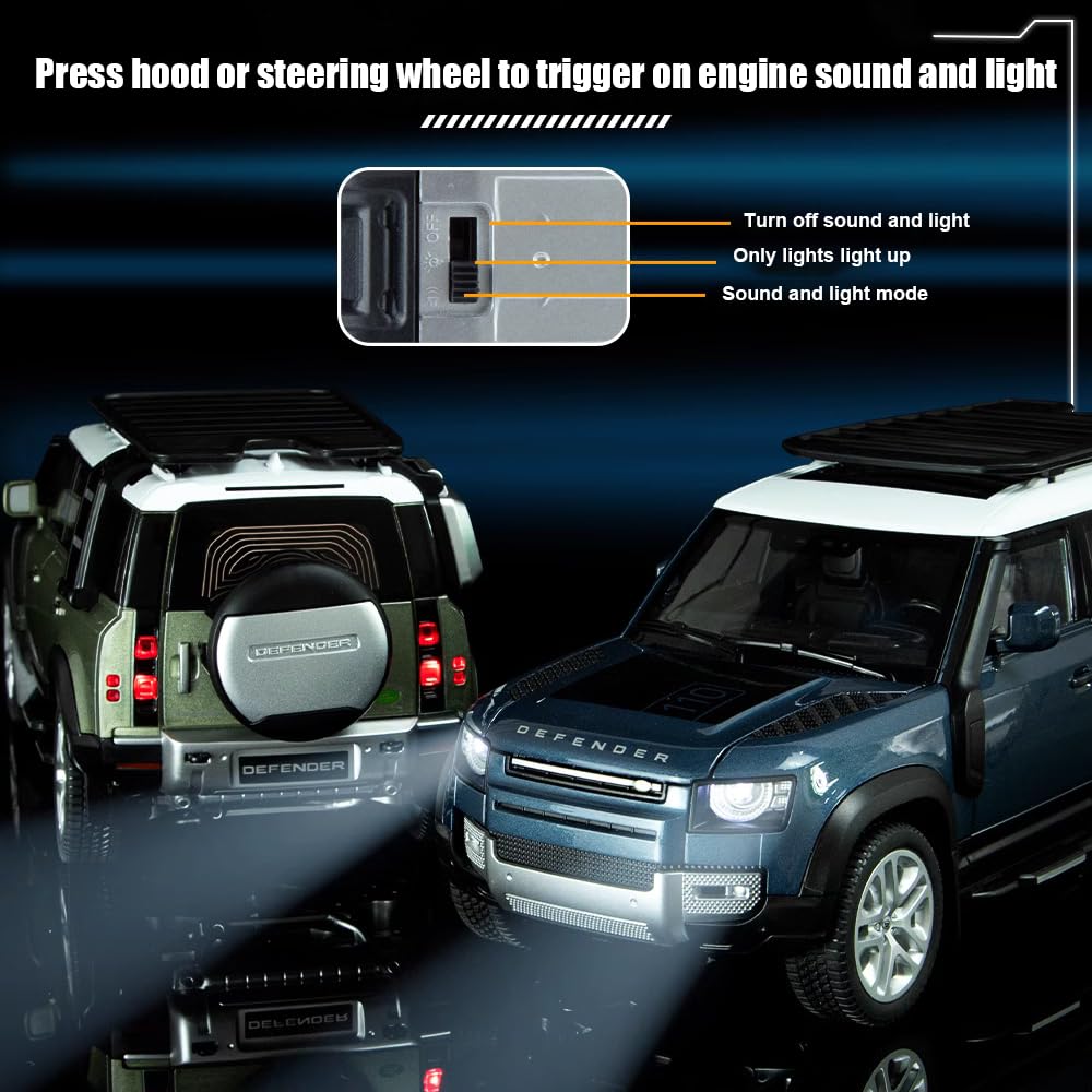 1/18 Scale Metal Alloy Diecast Vehicle Model Car Toy Collectible Model Truck for Land Rover Defender 110,with Sound Light Toys,Home Decorate, Green