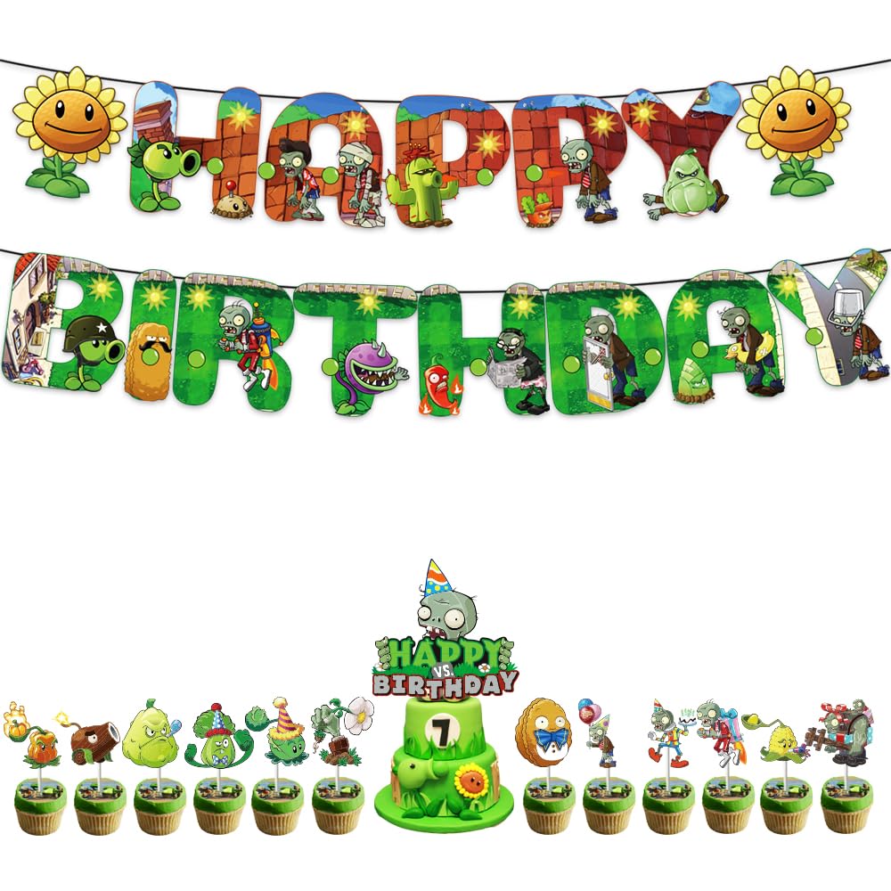 Plant vs. Zom-bies Party Backdrop Party Banner, Cake Topper, Cupcake Topper, Cup Cake Wrappers, Zombies Hanging Swirls and PVSZ Balloons for PVSZ