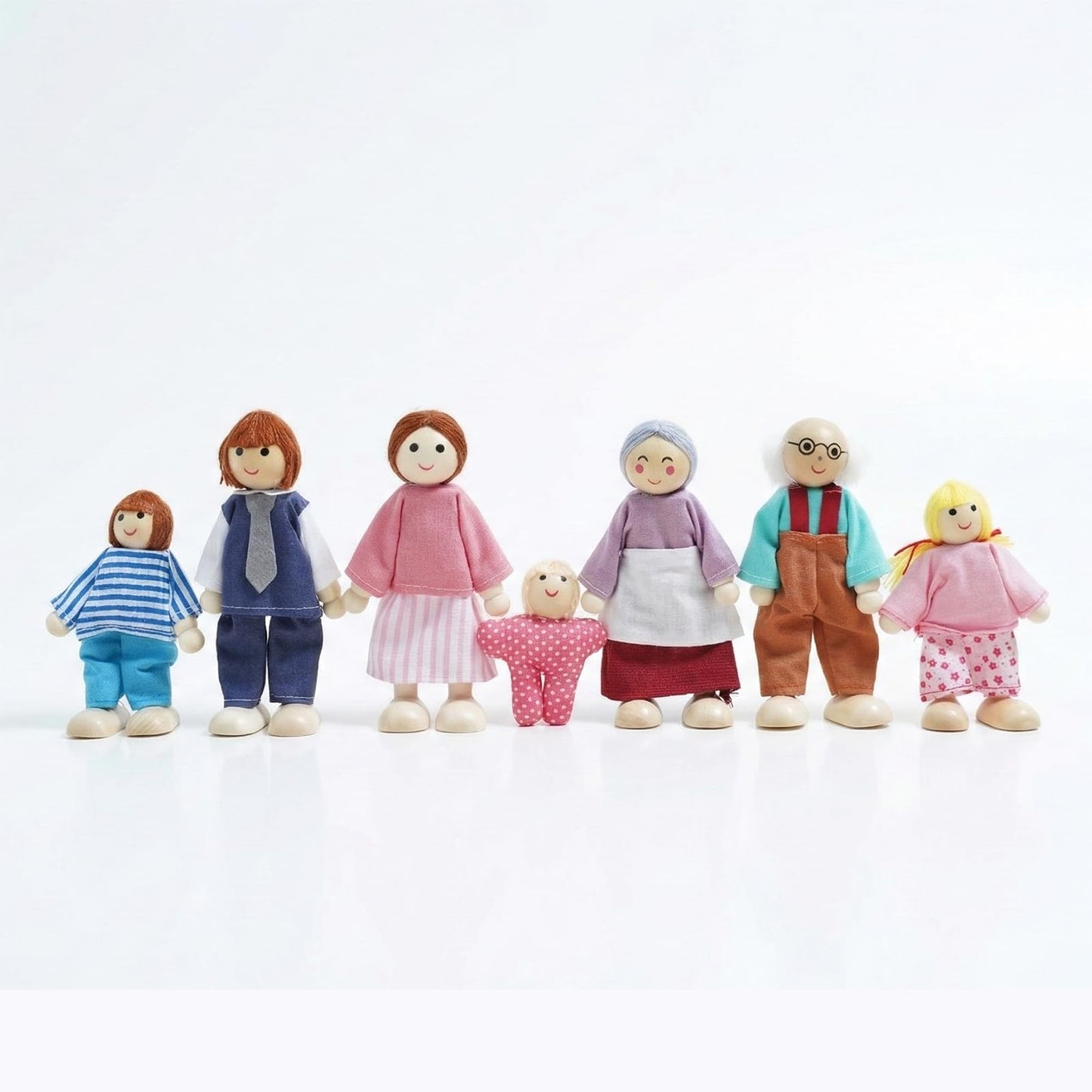 Sing2sky 7PCS Wooden Dollhouse Dolls for Playing House Gifts for Children, Wood, Articulated Pretend Play Figures, Smooth Splinter-Free Wood