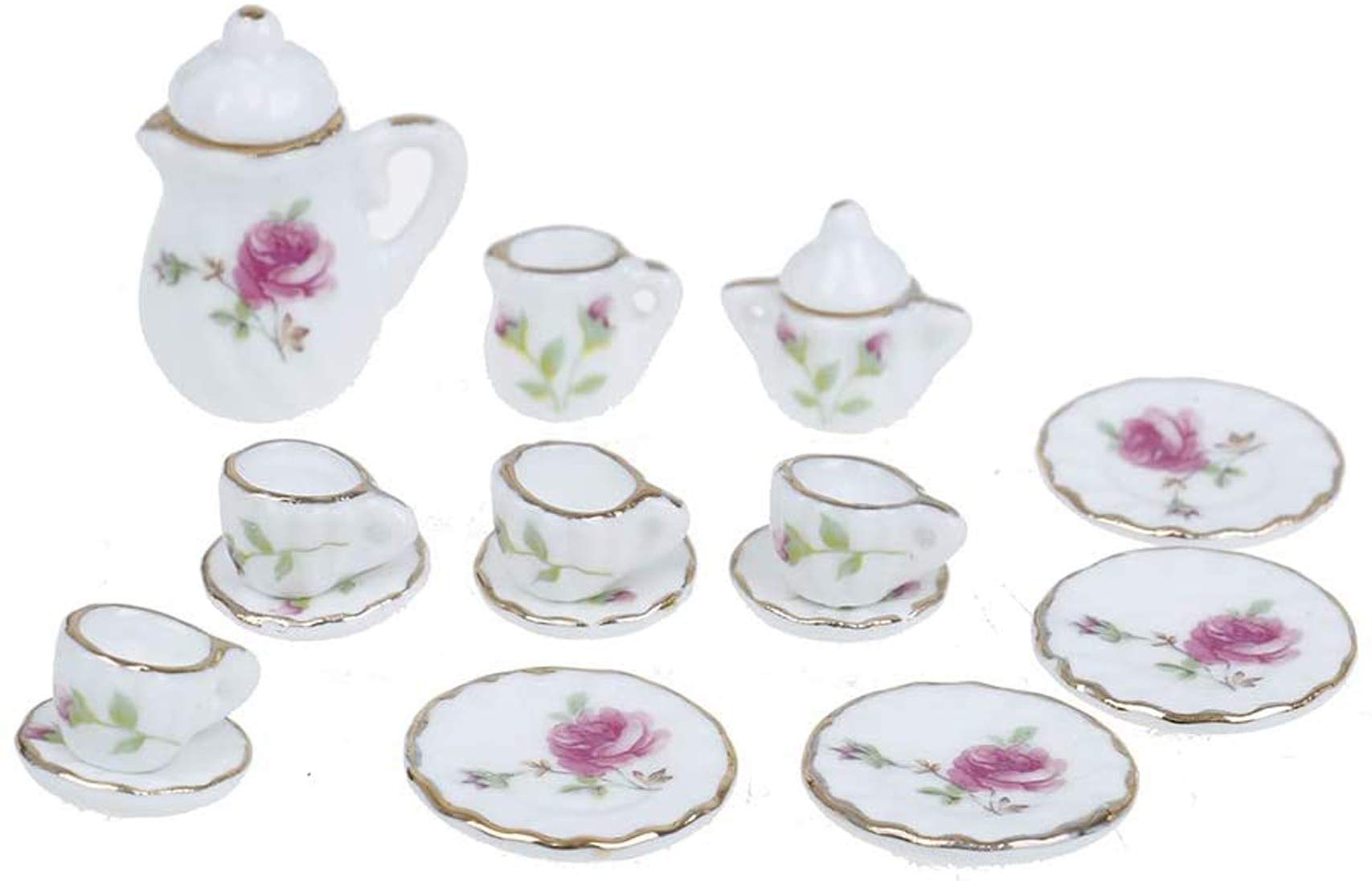 CoscosX 15 Pcs 1:12 Dollhouse Dining Ware Miniature Dish Cup Plate Pink Rose Chintz with Golden Trim Tableware Porcelain Ceramic Coffee Tea Cups