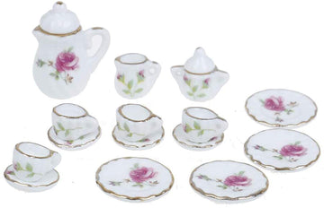 CoscosX 15 Pcs 1:12 Dollhouse Dining Ware Miniature Dish Cup Plate Pink Rose Chintz with Golden Trim Tableware Porcelain Ceramic Coffee Tea Cups