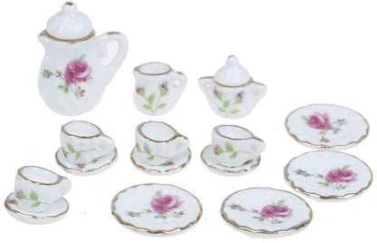 CoscosX 15 Pcs 1:12 Dollhouse Dining Ware Miniature Dish Cup Plate Pink Rose Chintz with Golden Trim Tableware Porcelain Ceramic Coffee Tea Cups