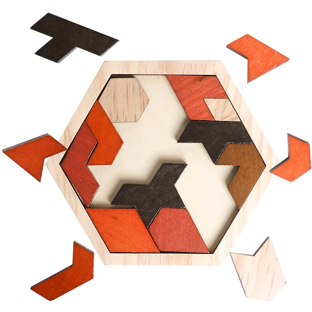 Skrtuan Wooden Puzzle Hexagon Tangram Puzzle for Kids Adults Brain Teasers Puzzles Game Challenge Toy Shape Pattern Block Tangram Family Portable