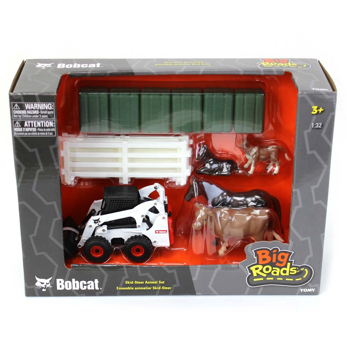 ERTL Bobcat Skid Steer Loader Farm Toys Playset - 1:32 Scale - Die-Cast Metal Construction Skid Steer - Includes Farm Animals, Fencing, and Hay Bales