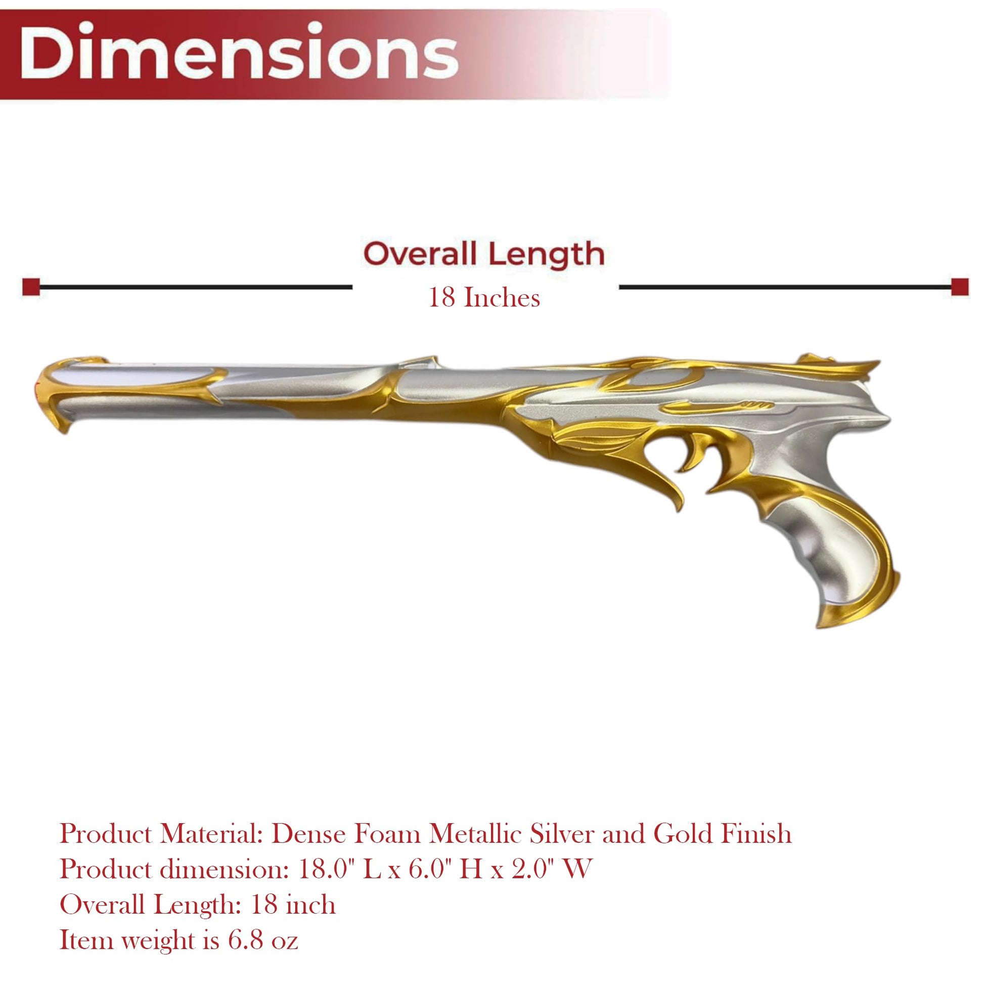 18" Valor-Inspired Sovereign Ghost Foam Gun Replica with Silver & Gold Metallic Finish - Lightweight Cosplay Prop for Halloween & Display