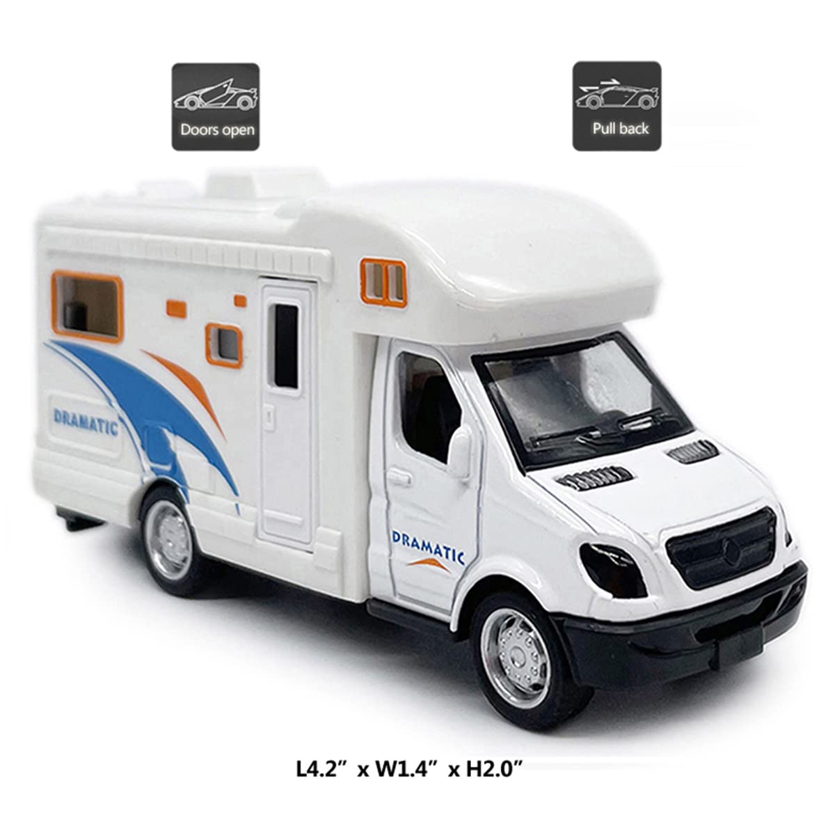Mini Toy Camper Van RV Motorhome Toys for Boys Pull Back Diecast Model Car Recreational Vehicle Adventure with Furniture Roof and Side Door Open
