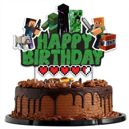 Pixel Craft Gamer Birthday Cake Topper, Glitter Pixel Miner Style Happy Birthday Cake Toppers, Video Game Themed Cake Decorations for Boys & Girls