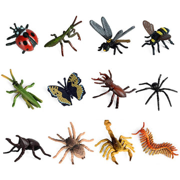RCOMG 12 PCS Small Realistic Insects Figures Toys, Plastic Wildlife Animal Fake Bug Toys Halloween Party Favor School Project Bug Figurines Set