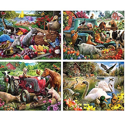 Bits and Pieces 4 Jigsaw Puzzle Set 300 Piece Puzzles for Adults, 4-in-1 Country Animals Set Set 300 Large Pieces 16" x 20" Jigsaw Puzzles - Picnic