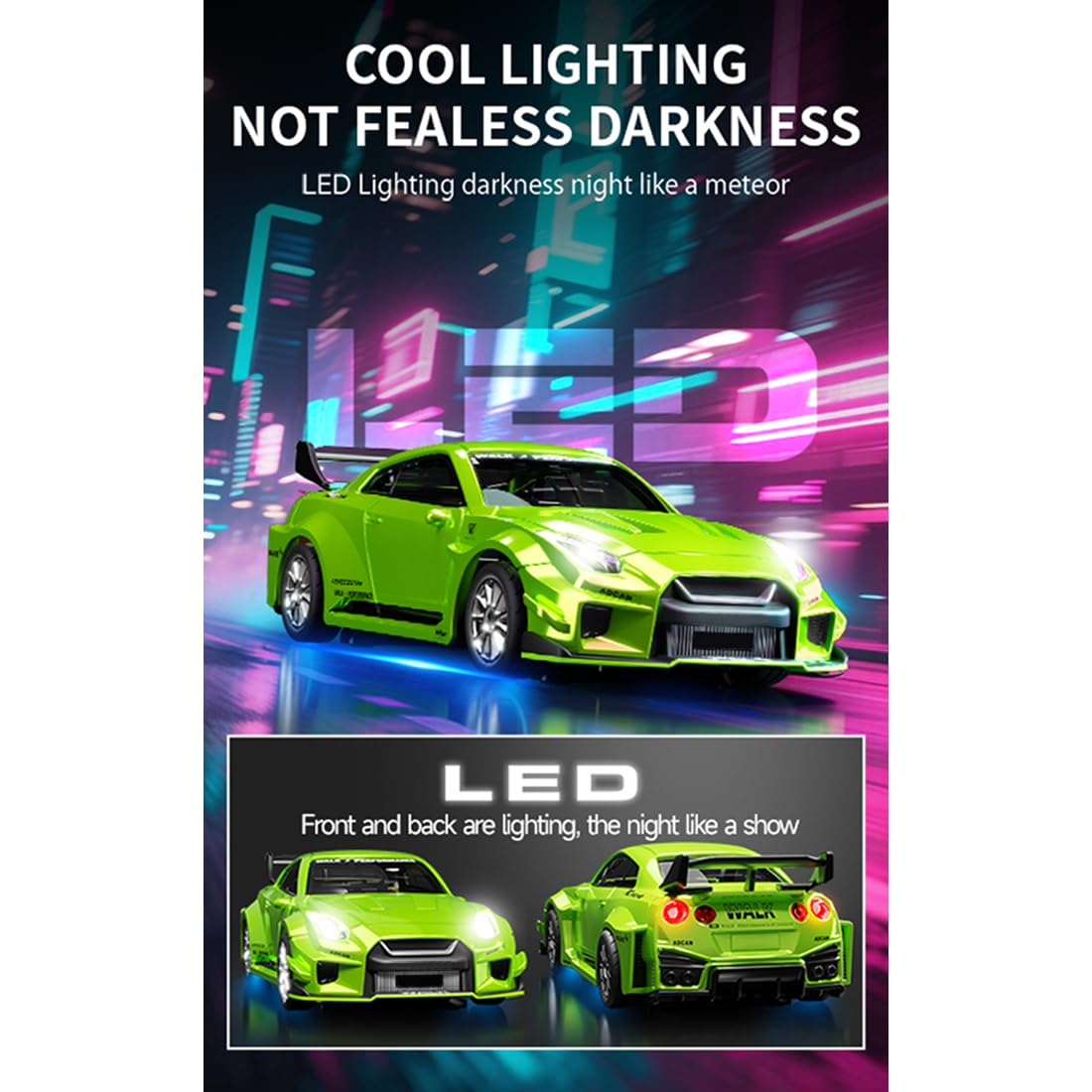 Rakeetolly 1:43 RC Drift Car 20KM/H with Gyro, 2.4G 4WD Full Proportional Alloy Sport Racing Car, Adjustable Speed, LED Lighting for Teens & Adults
