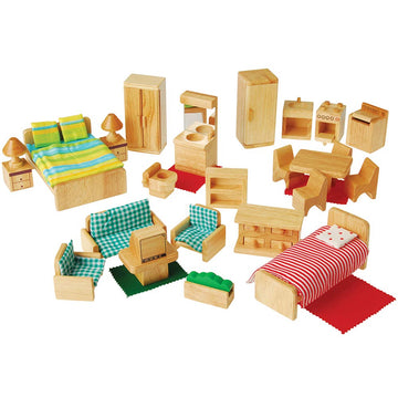 Constructive Playthings Children's Hardwood 26 Piece Play Furniture Set to Furnish 4 Dollhouse Rooms