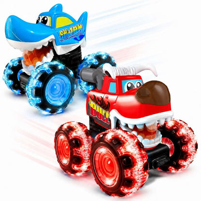 stargo 2 Pack Monster Truck Toy - Motion Activated Pull Back Light-Up Cars for Toddlers - Monster Shark & Bull with Lightning Wheels, Press & Go Cars