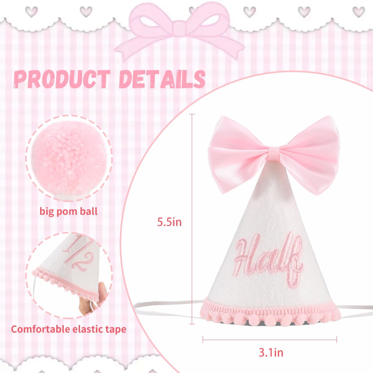 Kaniwati Pink Bow Half Birthday Hat,Bow Girl 1/2 Birthday Hat,Half Decorations for Girls,White and Pink Embroidery (CXMZ-HALF-HDJ)
