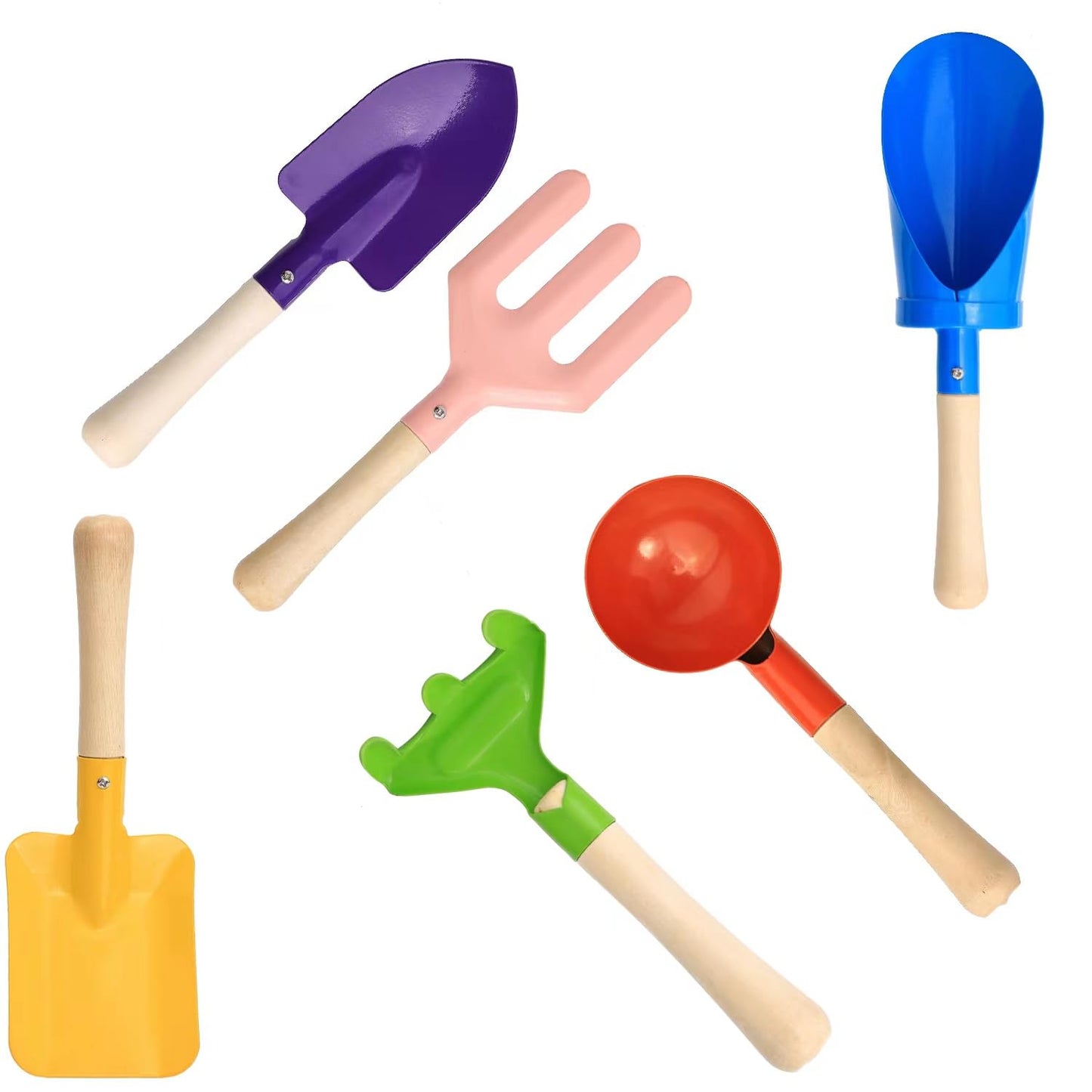 6 PCS 8" Kids Gardening Tools, Metal Beach Sandbox Digging Toys with Sturdy Wooden Handle, Safe Backyard Snow Sensory Playset Including Cylinder