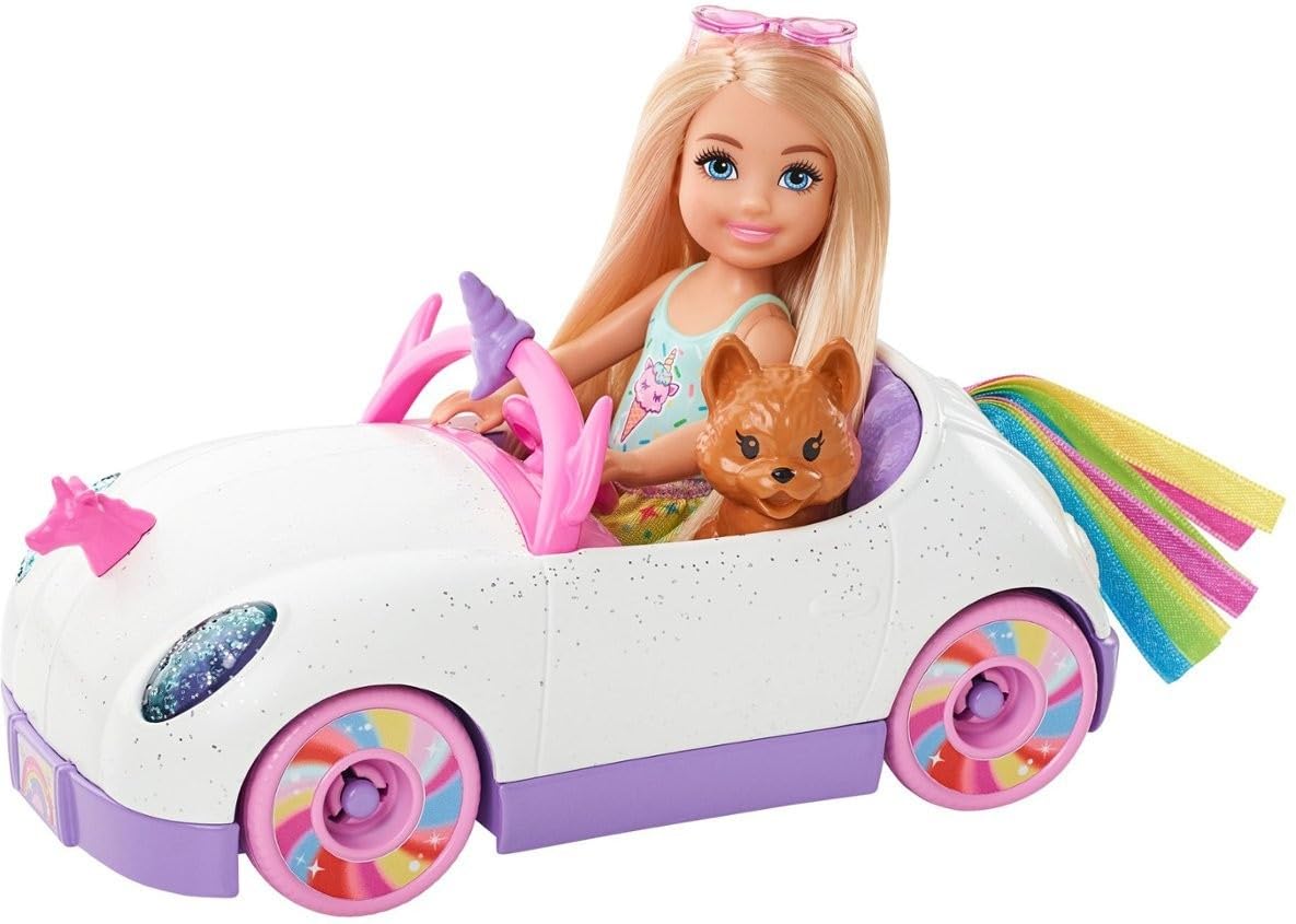 Barbie Chelsea Toy Car Set with Unicorn Theme, Blonde Small Doll in Removable Skirt, Pet Puppy, Sticker Sheet & Accessories