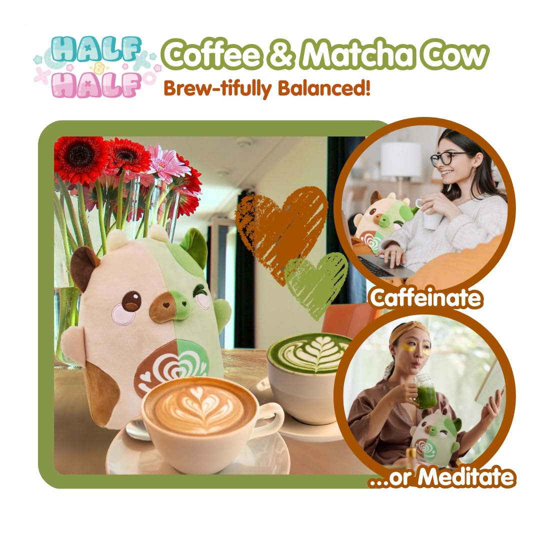 Coffree & Matcha Cow Plush - Half & Half by PlushGoals | Cute Kawaii Stuffed Animal | Cafe Inspired Stuffed Animal - Two Designs in One | Soft