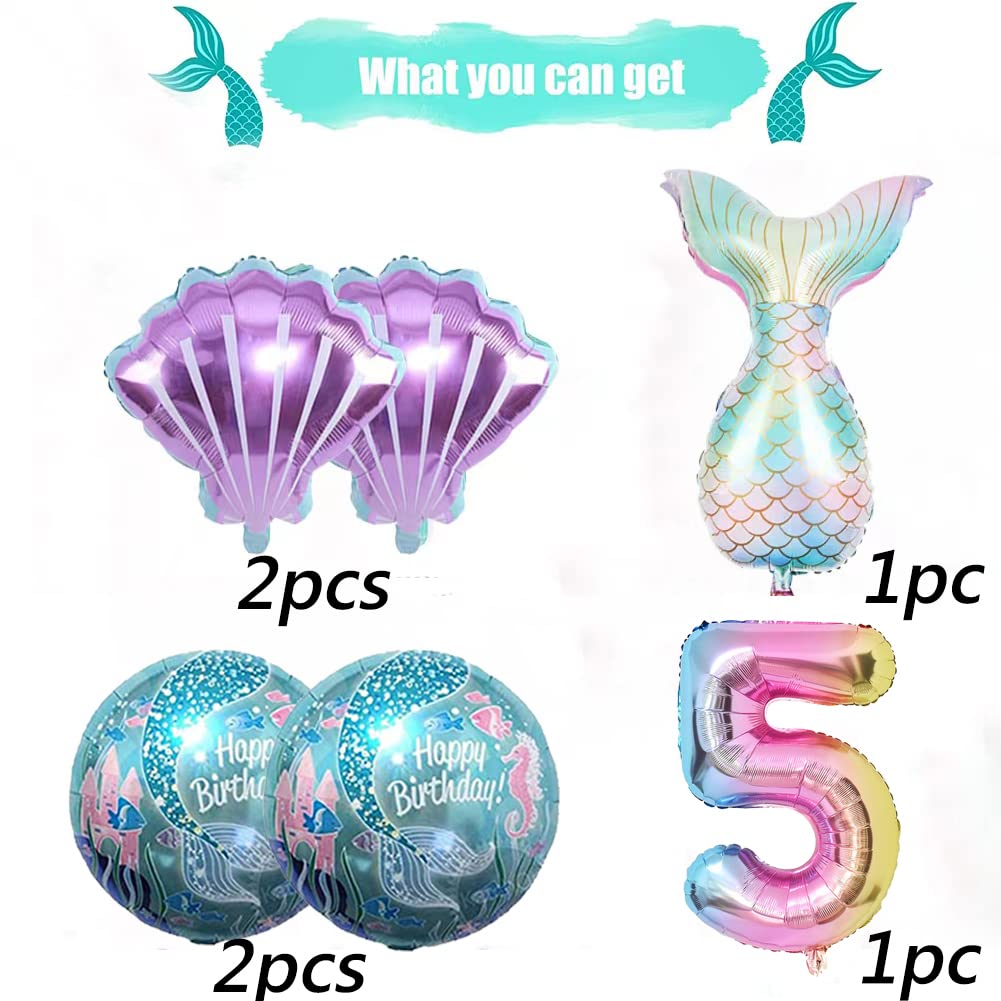 Mermaid Birthday Decoration Mermaid Balloons Kit Sea Balloon Tail Foil Balloon for Girls Party Decoration (Number 5)