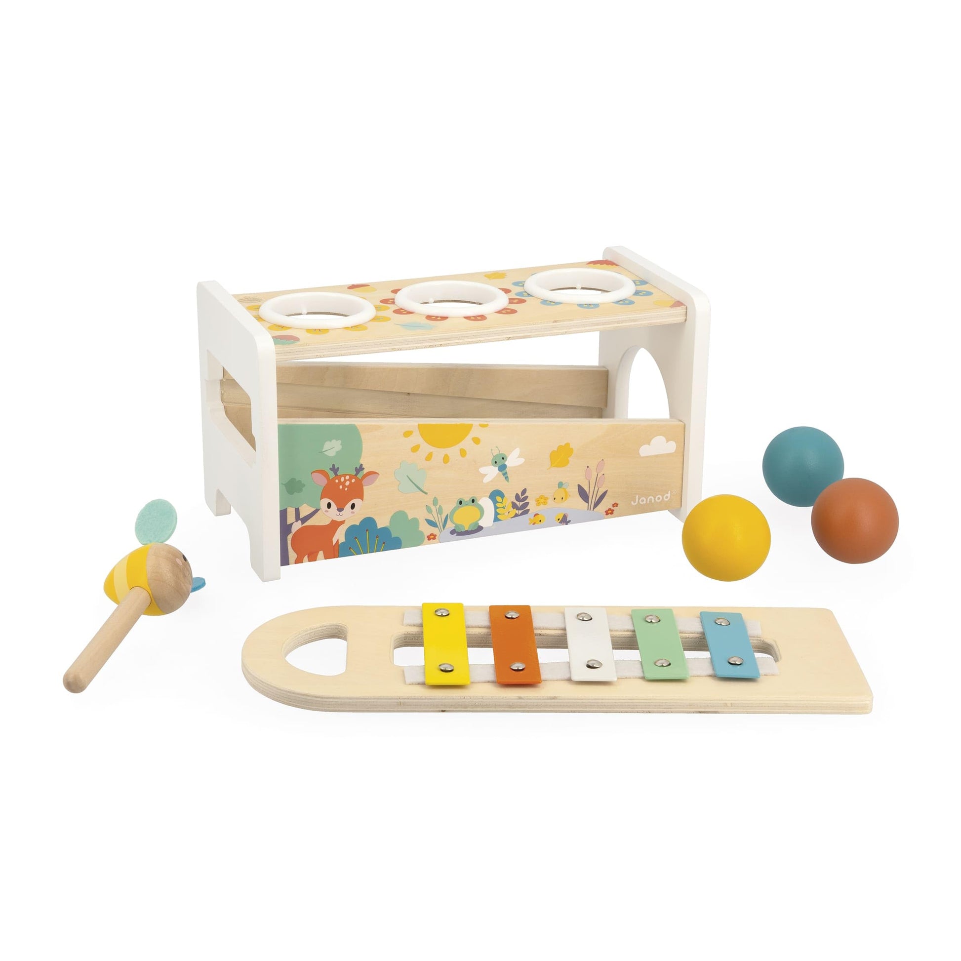Janod Pure Tap Pastel Wooden Xylophone Pounding Bench with Cherry Wood Balls & Bee Shaped Hammer for Ages 12+ Months (J05155)