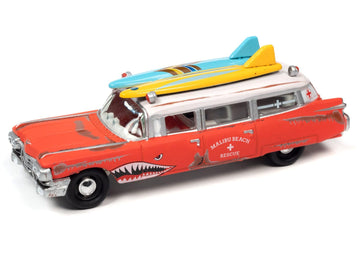 Johnny Lightning 1959 Cadillac Ambulance Red with White Top Malibu Beach Rescue (Weathered) with Surfboards on Roof Surf Shark Street Freaks Series