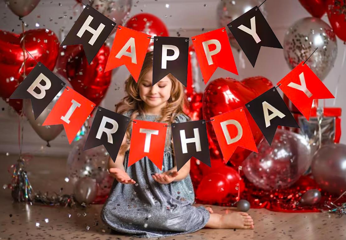 Runhiskii Happy Birthday Banner, Red Black Cardstock Decorations, 13pcs Reusable Banner for Men Women Boys Girls