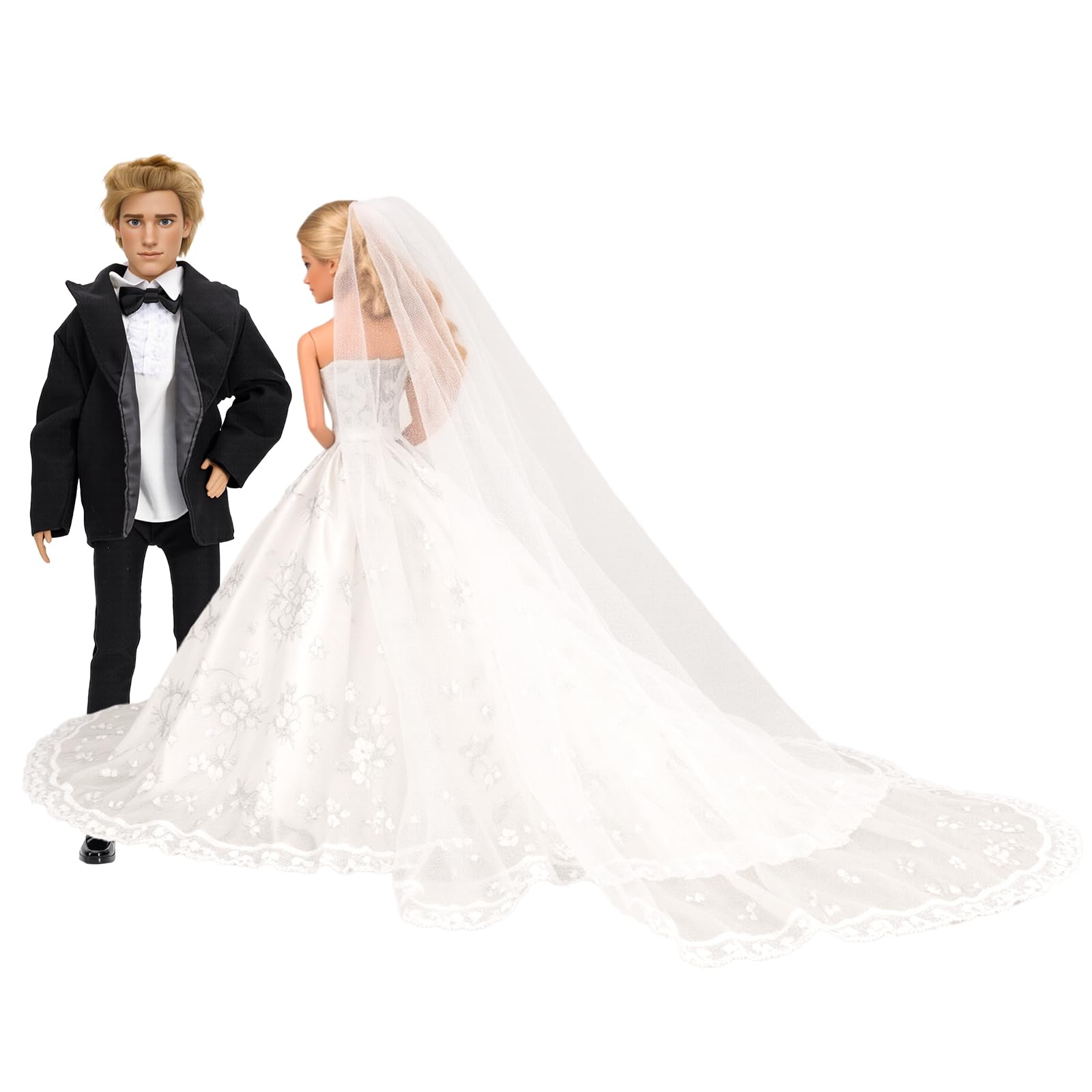 BARWA Wedding Set White Wedding Dress with Veil and Formal Suit Outfit for Boy & Girl Dolls