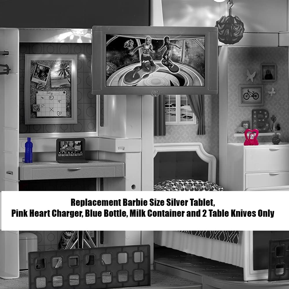 Mattel Replacement Parts for Barbie Doll Hello Dreamhouse - DPX21 ~ Replacement Barbie Size Silver Tablet, Pink Heart Charger, Blue Bottle, Milk
