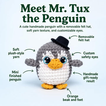 Bubbly Crochet Mr. Tux the Penguin Crochet Kit for Beginners - DIY Penguin Plush with Customizable Eyes & Hat, Step-by-Step Video Tutorials