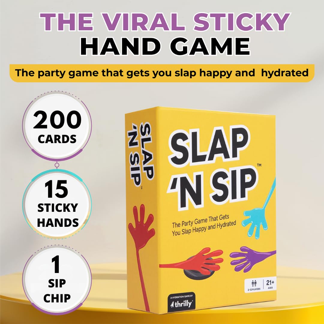 Slap N Sip A Hilarious Drinking Game with Sticky Hands, 200 Cards & A Sip Chip, Fast-Paced Adult Party Game for Game Nights, Funny Gift for Adults