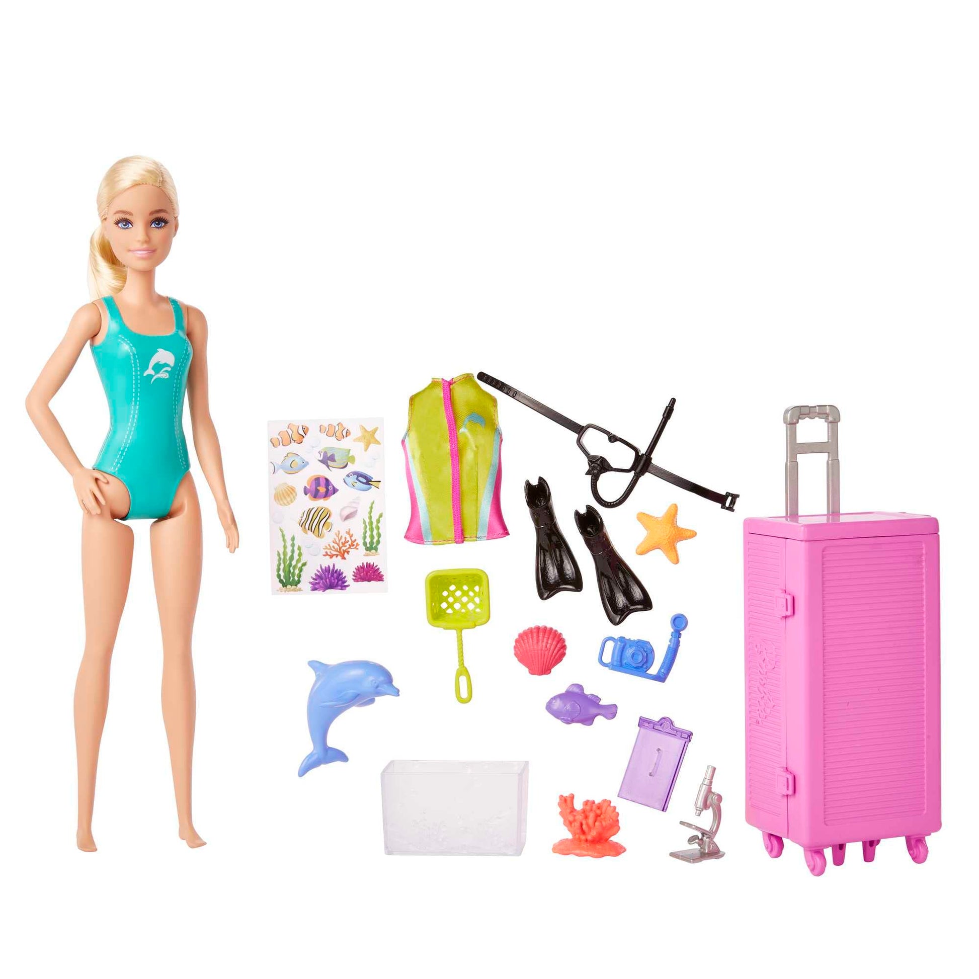 Barbie Dolls & Accessories, Marine Biologist Doll (Blonde) & Mobile Lab Playset with 10+ Pieces, Case Opens for Storage & Travel