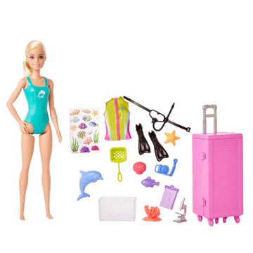 Barbie Dolls & Accessories, Marine Biologist Doll (Blonde) & Mobile Lab Playset with 10+ Pieces, Case Opens for Storage & Travel