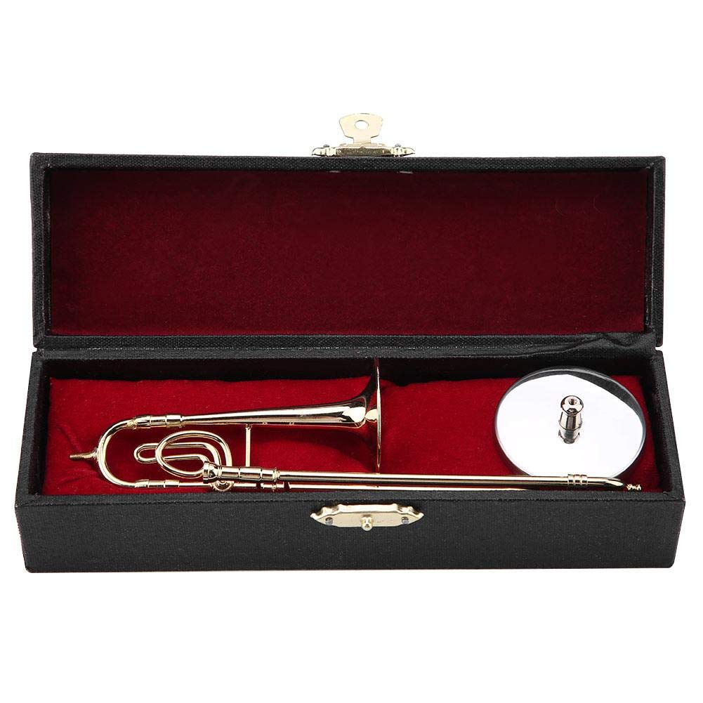 Trombon Miniatura Trombone Ornament Miniature Musical Instrument Trombone Model With Supoort And Case For Dollhouse Music Room Decoration