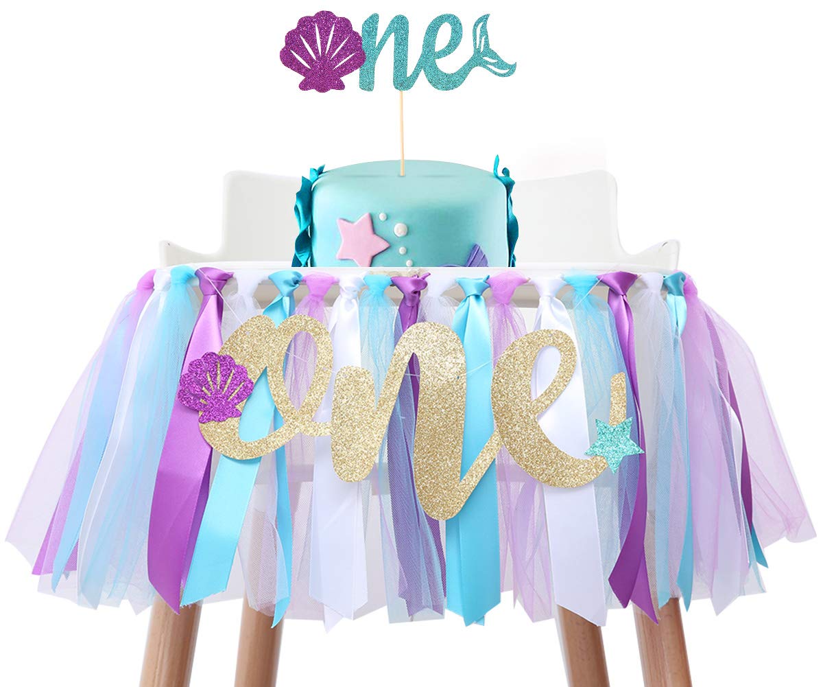 Mermaid Skirt For 1st Birthday - Party Supplies For Highchair Tutu Skirt, First Birthday With One Pennant,Cake Topper For Birthday Party Supplies