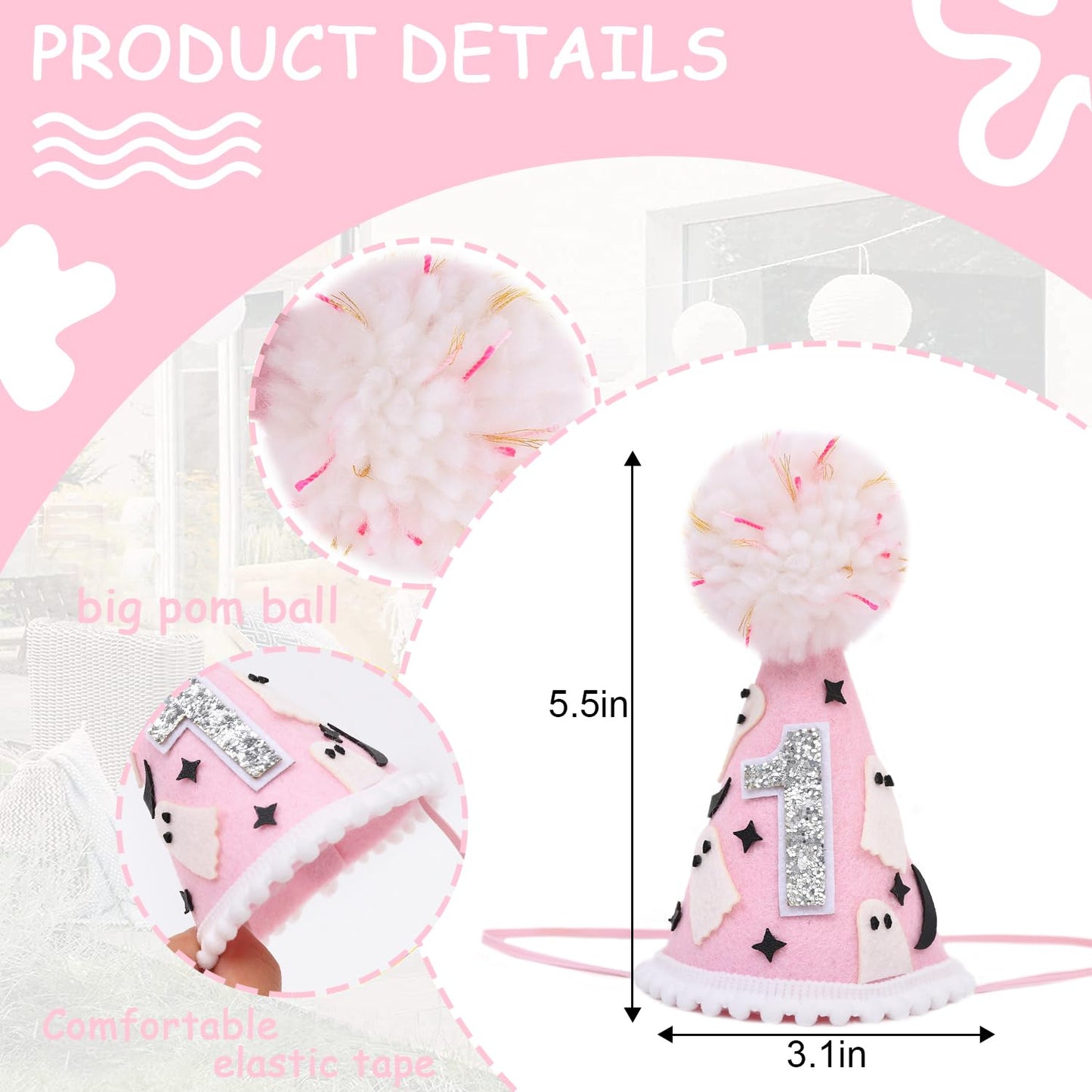 WUTKYAX Spooky One 1st Birthday Hat - Halloween Ghost First Birthday Hat with Bats,Cute Halloween One Birthday Decoration for Girls,Little Boo