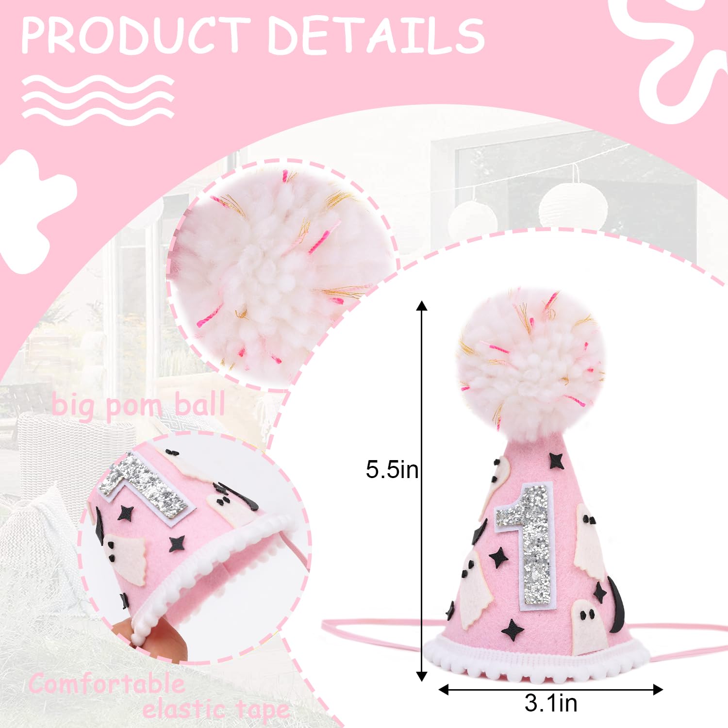 WUTKYAX Spooky One 1st Birthday Hat - Halloween Ghost First Birthday Hat with Bats,Cute Halloween One Birthday Decoration for Girls,Little Boo